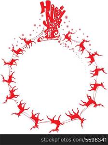 New Year card with flying rein deers - red color silhouettes on white background - round frame