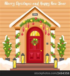 New year card with front house door decorated by lanterns holly wreath and christmas trees flat vector illustration . New Year Card With House Decorated For Christmas