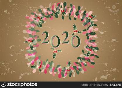 New Year card with green and pink colored leaves and holly above retro grunge background in brown and numbers 2020