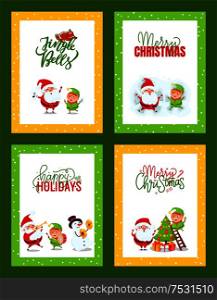 New Year Cards Set with Santa Claus and his helpers. Vector depiction of Father Christmas, Snowman, Elf playing on music instruments and singing. New Year Cards Set with Santa Claus and helpers