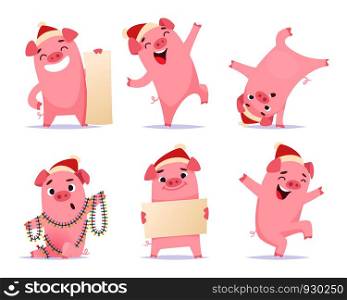 New year cartoon pig. Funny 2019 cute characters boar hog piglet mascot vector illustrations isolated. Celebration happy pig, piggy holding banner. New year cartoon pig. Funny 2019 cute characters boar hog piglet mascot vector illustrations isolated