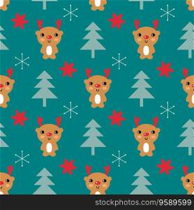 New year cartoon seamless pattern with deers and christmas trees. Xmas print for tee, paper, textile and fabric. Festive vector illustration for decor and design.