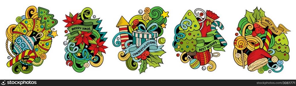 New Year cartoon vector doodle designs set. Colorful detailed compositions with lot of holidays objects and symbols. Isolated on white illustrations. Merry Christmas banner. New Year cartoon vector doodle designs set