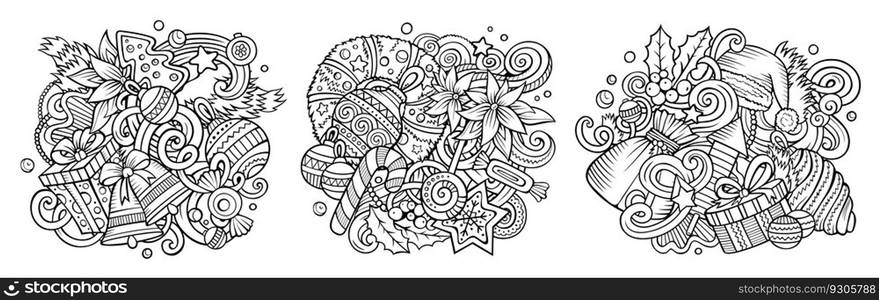 New Year cartoon vector doodle designs set. Sketchy detailed compositions with lot of holidays objects and symbols. Isolated on white illustrations. Merry Christmas banner. New Year cartoon vector doodle designs set