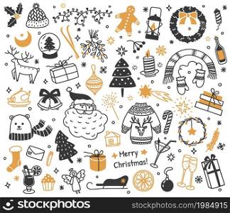 New year celebration doodles, christmas hand drawn elements. Garland, santa, xmas party decorations, winter holidays doodle drawing vector set. Glasses with champagne, sweater with reindeer