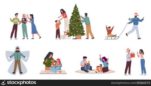New year celebration scenes. Happy families, couples preparing for holiday, people decorate christmas tree, give gifts, celebrate winter holidays, cartoon flat style illustration, nowaday vector set. New year celebration scenes. Happy families, couples preparing for holiday, people decorate christmas tree, give gifts, celebrate winter holidays, cartoon flat style nowaday vector set