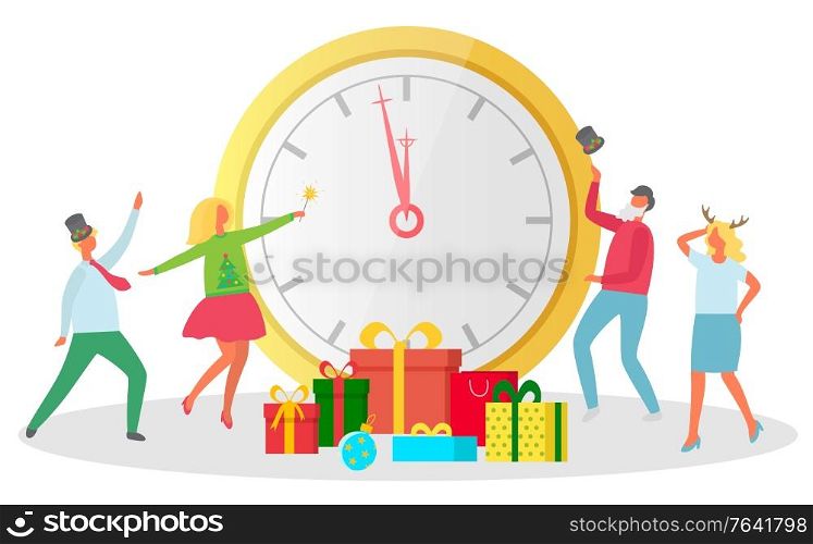 New year celebration vector, isolated character wearing hats with mistletoe. Man and woman dancing celebrating winter holidays. Clock and presents in boxes decorated with ribbons and bows flat style. New Year Party, Friends Dancing by Clock and Gifts