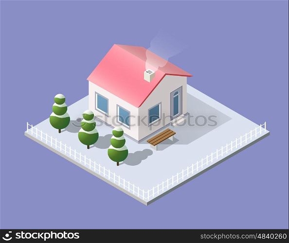 New Year Christmas 3d house in the winter forest. Isometric building in the natural landscape.. New Year Christmas 3d house