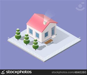 New Year Christmas 3d house in the winter forest. Isometric building in the natural landscape.. New Year Christmas 3d house
