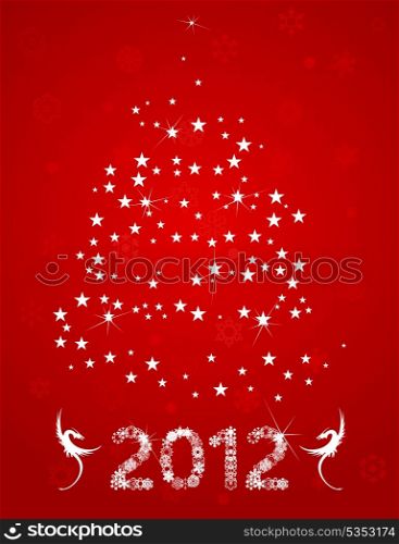 New Year. Christmas tree from stars on a red background. A vector illustration