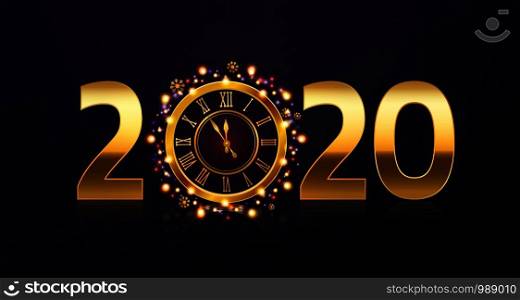 New year clock background. Golden 2020 numbers and clock showing five minutes to twelve with garland. Winter holiday vector luxury sparkling concept. New year clock background. Golden 2020 numbers and clock showing five minutes to twelve with garland. Winter holiday vector concept