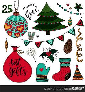 New Year collection of decorations. Christmas vector elements. New year colorful illustration. Noel - Christmas in french. New Year collection of decorations. Christmas vector elements. New year colorful illustration.