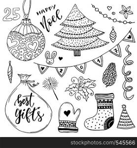 New Year collection of decorations. Christmas vector elements. New year tree illustration. New Year collection of decorations. Christmas vector elements. New year tree illustration.