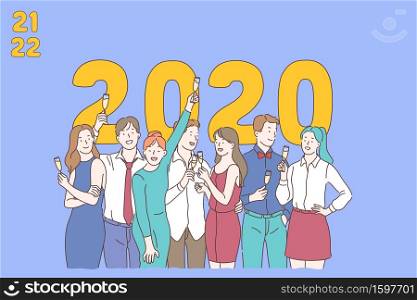 New Year corporate party concept. Happy colleagues, friends celebrating winter holiday, positive business team with champagne, merry Christmas, traditional december event. Simple flat vector. New Year corporate party concept