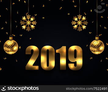 New Year Dark Background with Golden Balls, Snowflakes. Greeting Banner - Illustration Vector. New Year Dark Background with Golden Balls, Snowflakes. Greeting Banner