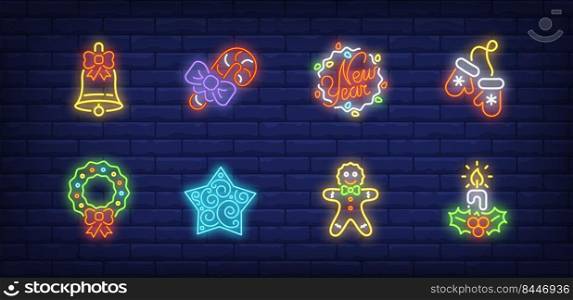 New Year decor neon sign set. Bell, fairy lights, wreath, gingerbread, candle. Vector illustration in neon style, bright banner for topics like Christmas, December holidays, party
