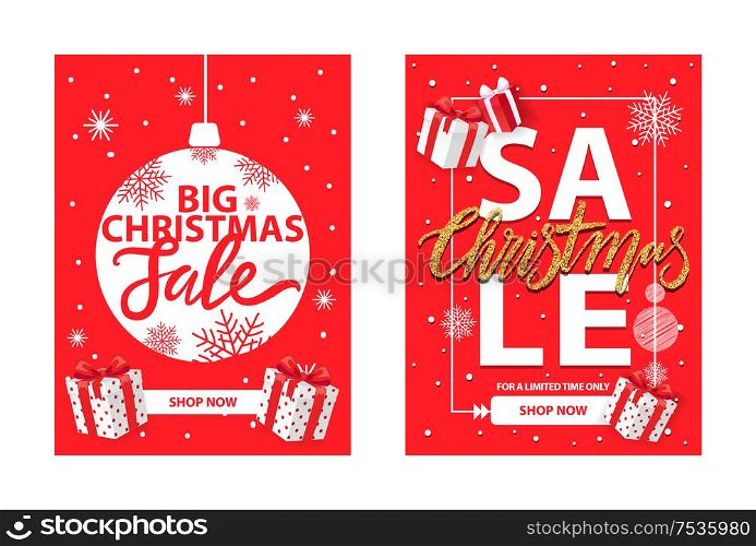 New Year decorative ball isolated on red, snowflakes and gift boxes vector promo sale. Christmas offer, shop now leaflet with lettering, presents surprises. Christmas Sale, Shop Now Leaflet with Lettering