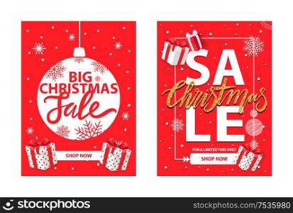 New Year decorative ball isolated on red, snowflakes and gift boxes vector promo sale. Christmas offer, shop now leaflet with lettering, presents surprises. Christmas Sale, Shop Now Leaflet with Lettering