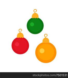 New Year decorative toys on Christmas tree. Round balls with hanging elements isolated on white. Vector Xmas decorations in pink, green and yellow color. New Year Decorative Toys on Christmas, Round Balls