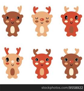 New year deer kawaii cartoon style clipart collection. Perfect for tee, poster, card, sticker. Vector illustration.