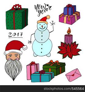 New Year doodle set with Santa, gifts and snowman. Bright Christmas vector elements. Greeting cards decoration.. New Year doodle set with Santa, gifts and snowman. Bright Christmas vector elements. Greeting cards decoration