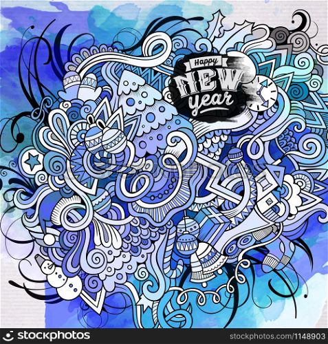 New Year doodles elements watercolor art background. Vector illustration. New Year doodles elements watercolor art background