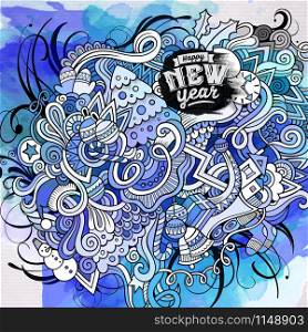 New Year doodles elements watercolor art background. Vector illustration. New Year doodles elements watercolor art background