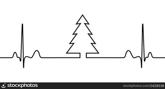 New year eve tree and heartbeat in one line, vector Christmas tree heart rhythm, the beginning of the year