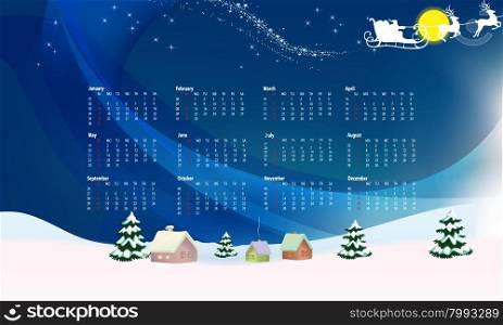 New year festive calendar for 2016.. Holiday calendar new year with a winter forest and a sleigh of Santa Claus