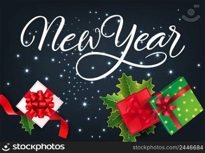 New Year festive card design. Gifts, red ribbons and mistletoe leaves on sparkling black background. Template can be used for banners, flyers, posters