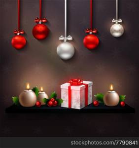 New year festive composition with hanging christmas balls gift box holly berries and round candles realistic vector Illustration. Christmas Vector Illustration