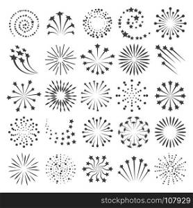 New year fireworks icons. New year fireworks icons. Firework icon set for happy christmas celebrate party and birthday or anniversary events collection, vector illustration