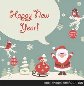 New Year flat vector illustration.Snow landscape background with christmas trees and santa.. New Year Greeting.