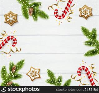 New year frame composed of pine twigs with pinecones serpentine stars and peppermint candy cane realistic vector Illustration. Christmas Frame Template