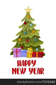 New Year greeting card. A Christmas tree with gifts and a handwritten inscription Happy New Year. Vector
