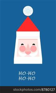 New Year greeting card in geometric style. Santa Claus wishes happy holidays. Ho-ho greeting card in nordic, scandinavian style. Santa Claus hat.. New Year greeting card in geometric style. Santa Claus wishes happy holidays.