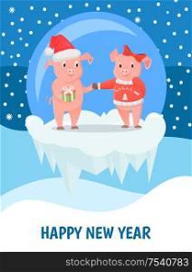 New Year greeting card, male and female piglets, pigs in hat and bow. Animal exchange gift, livestock mammals, zodiac symbol vector on icy cliff in ball. Male and Female Piglets, New Year or Christmas