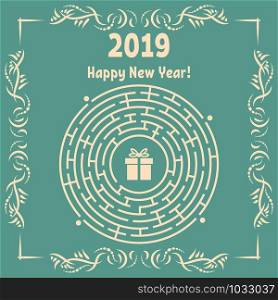 New Year greeting card with a round labyrinth. Find the right path to the gift. Game for kids. Puzzle for children. Labyrinth conundrum. Vector illustration. With frame in vintage style.