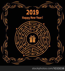 New Year greeting card with a round labyrinth. Find the right path to the gift. Game for kids. Puzzle for children. Labyrinth conundrum. Vector illustration. With frame in vintage style.