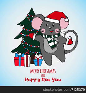 New Year greeting card with cute Mouse in Santa Claus hat isolated on white background. Zodiac rat of 2020 chinese year. Vector illustration.. New Year greeting card with cute Mouse.