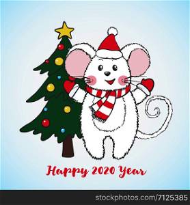 New Year greeting card with cute Mouse in Santa Claus hat isolated on white background. Zodiac rat of 2020 chinese year. Vector illustration.. New Year greeting card with cute Mouse.