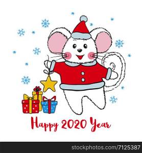 New Year greeting card with cute Mouse in Santa Claus hat isolated on white background. Zodiac rat of 2020 chinese year. Vector illustration.. New Year greeting card with cute Mouse.