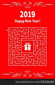 New Year greeting card with square maze. Find the right path to the gift. Game for kids. Puzzle for children. Labyrinth conundrum. Vector illustration. With frame in vintage style.