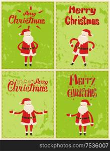 New Year greeting cards design with Saint Nicholas in different poses isolated on grunge green. Santa claus and red lettering greetings inscriptions, vector. New Year Greeting Cards Design with Saint Nicholas