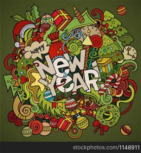 New Year hand lettering and doodles elements background. Vector colorful illustration. New Year hand lettering and doodles elements background
