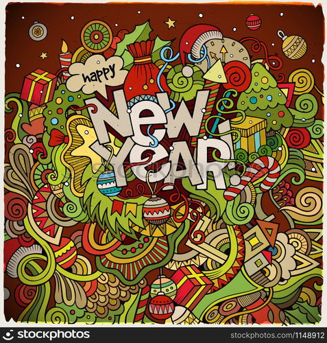 New Year hand lettering and doodles elements background. Vector colorful illustration. New Year hand lettering and doodles elements background