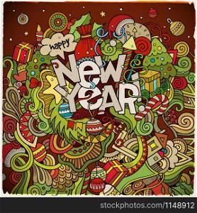 New Year hand lettering and doodles elements background. Vector colorful illustration. New Year hand lettering and doodles elements background