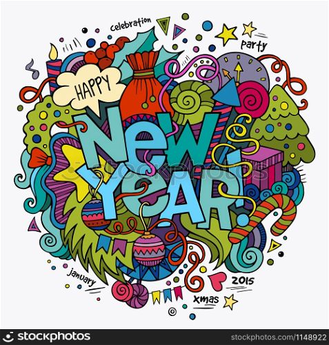 New year hand lettering and doodles elements background. Vector illustration