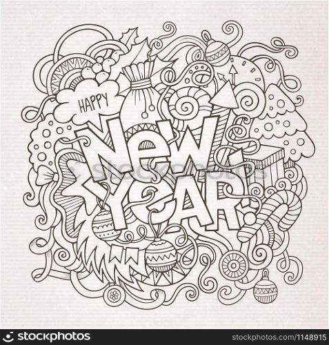 New year hand lettering and doodles elements background. Vector sketchy illustration. New year hand lettering and doodles elements background
