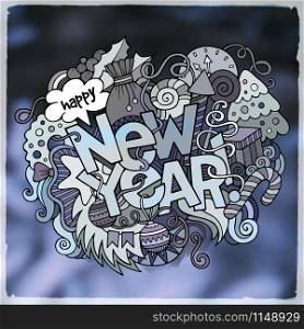 New Year hand lettering and doodles elements blurred background. Vector illustration